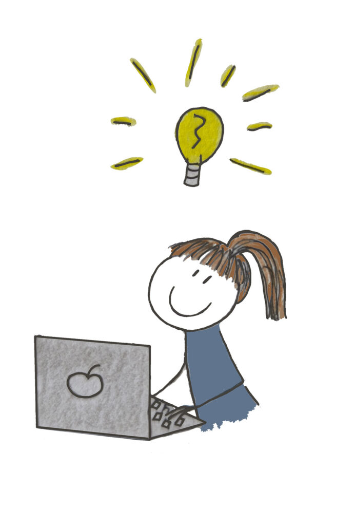 Die Zeichnung zeigt ein Mädchen, das am Computer sitzt und Videoclips erstellt.